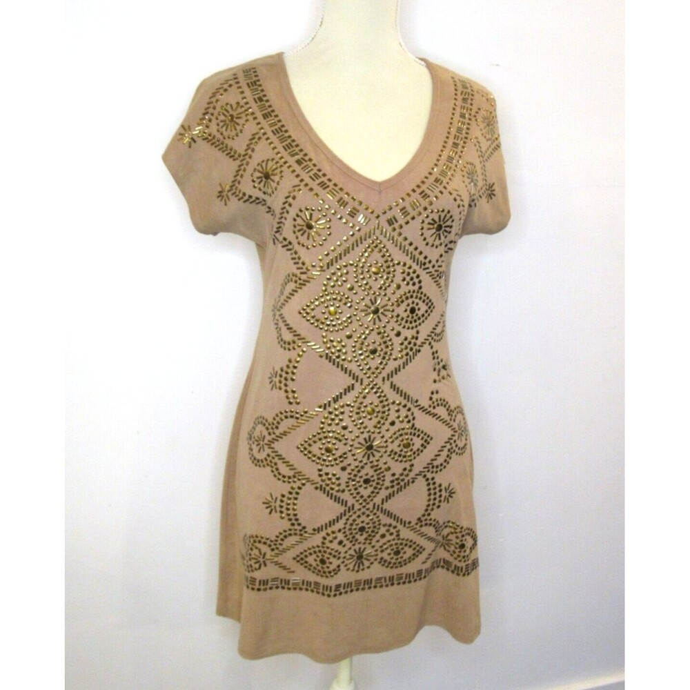 Karlie Womens M Tan Faux Suede Geometric Stud Shift Dress Western Contemporary